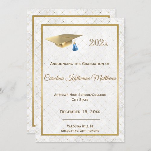 Elegant Gold Photo Blue Cap Graduation Announcement