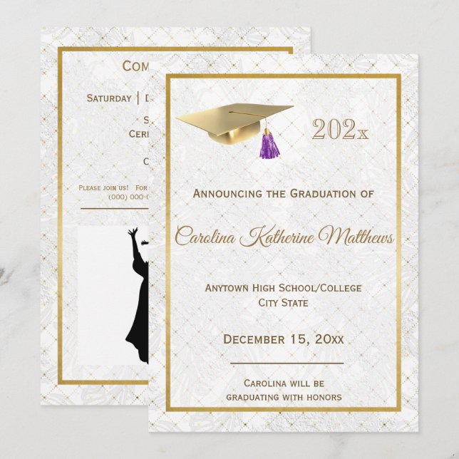 Elegant Gold Photo Cap Purple Graduation Announcement (Front/Back)