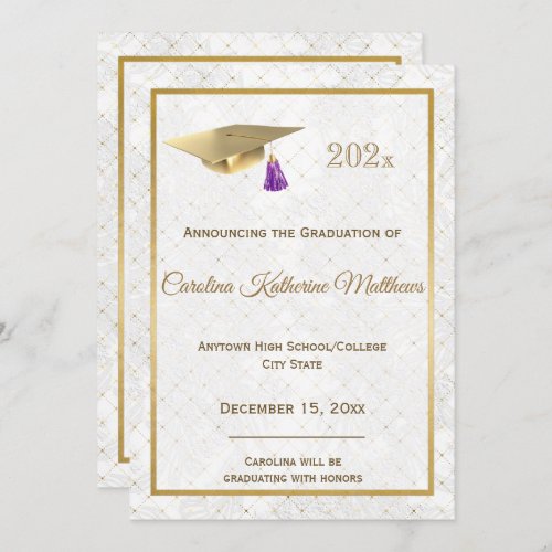 Elegant Gold Photo Cap Purple Graduation Announcement