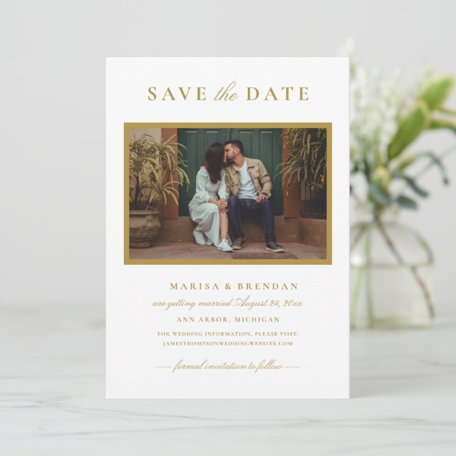 Elegant Gold Photo Frame Wedding Save The Date (Standing Front)