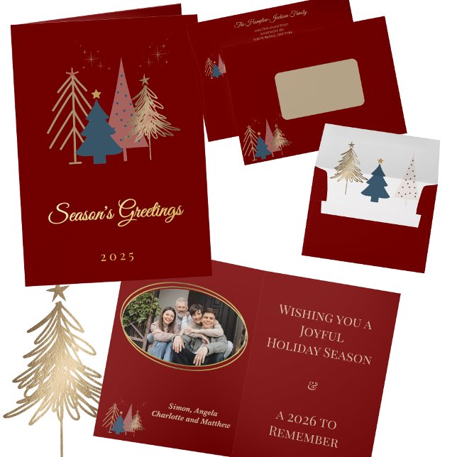 Elegant Gold Photo Modern Holiday Trees Christmas  Foil Greeting Card (Gold Foil Photo Graphic Trees Christmas card and Matching envelope)