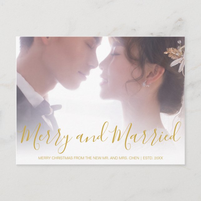 Elegant Gold Photo Newlywed Christmas Holiday Postcard (Front)