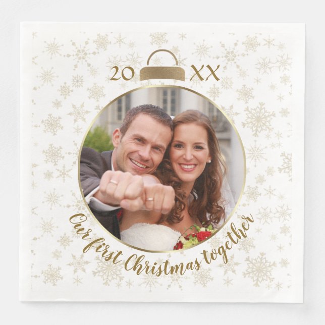 Elegant Gold Photo Our First Christmas Paper Dinner Napkins (Front)