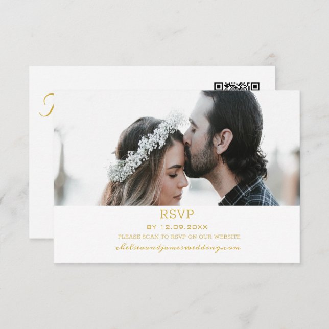 Elegant Gold Photo QR Code Wedding Reply Response  (Front/Back)