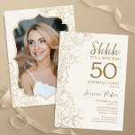 Elegant Gold Photo Surprise 50th Birthday Invitation<br><div class="desc">Elegant gold cream surprise 50th birthday party invitation with your photo on the back of the card. Trendy modern feminine design features botanical accents and typography script font. Simple floral invite card perfect for a stylish female surprise bday celebration. Can be customized to any age. Printed Zazzle invitations or instant...</div>