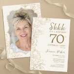Elegant Gold Photo Surprise 70th Birthday Invitation<br><div class="desc">Elegant gold cream surprise 70th birthday party invitation with your photo on the back of the card. Trendy modern feminine design features botanical accents and typography script font. Simple floral invite card perfect for a stylish female surprise bday celebration. Can be customized to any age. Printed Zazzle invitations or instant...</div>