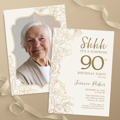 Elegant Gold Photo Surprise 90th Birthday Invitation