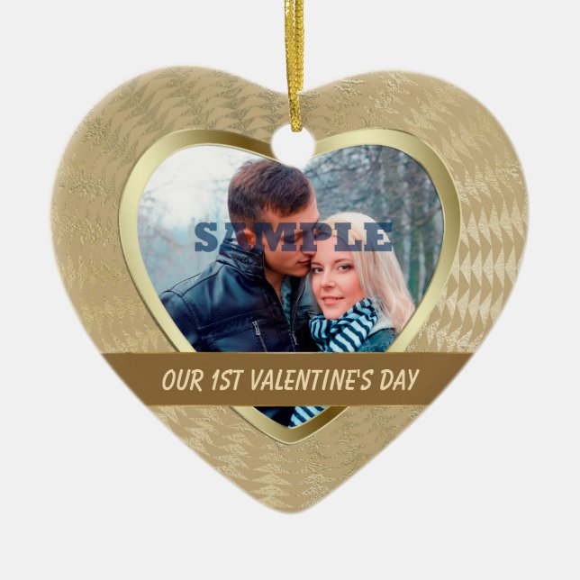 Elegant Gold Photo Template Our First Valentine Ceramic Ornament (Front)