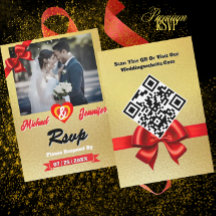 Elegant Gold Photo Wedding RSVP Card with QR Code