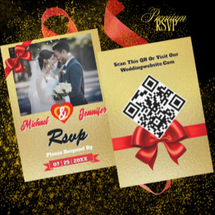 Elegant Gold Photo Wedding RSVP Card with QR Code 