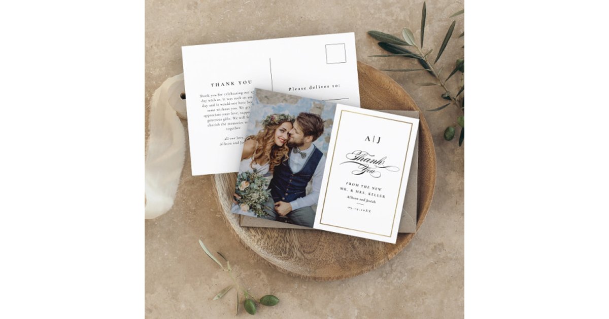 Elegant Gold Photo Wedding Thank You Postcard | Zazzle