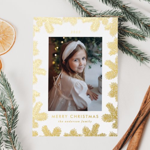 Elegant Gold Pine Frame Photo Foil Holiday Card