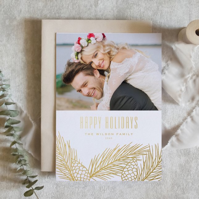 Elegant Gold Pine Needles and Pine Cones Photo Foil Holiday Card (Faux Gold Foil Pine Needles and Pine Cones Happy Holidays Card)