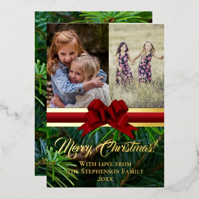 Elegant Gold Pine Red Bow Christmas 2 Photo Foil Holiday Card (Front/Back)