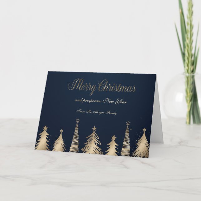 Elegant Gold Pine Trees Blue Holiday Card (Front)
