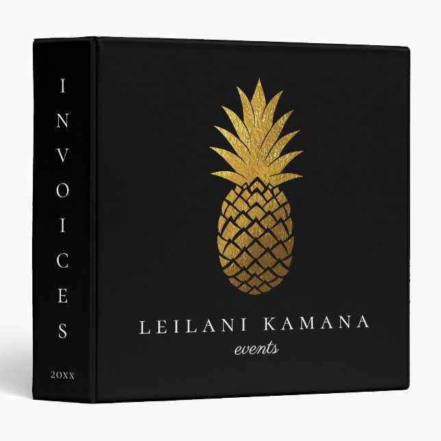 Elegant Gold Pineapple Black 3 Ring Binder (Front/Spine)