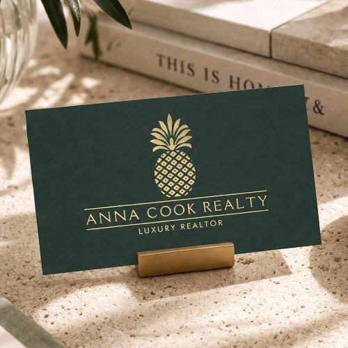 Elegant Gold Pineapple Luxury Realtor Deep Green Business Card