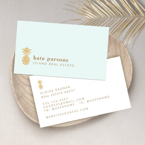 Elegant Gold Pineapple Pastel BLue Business Card