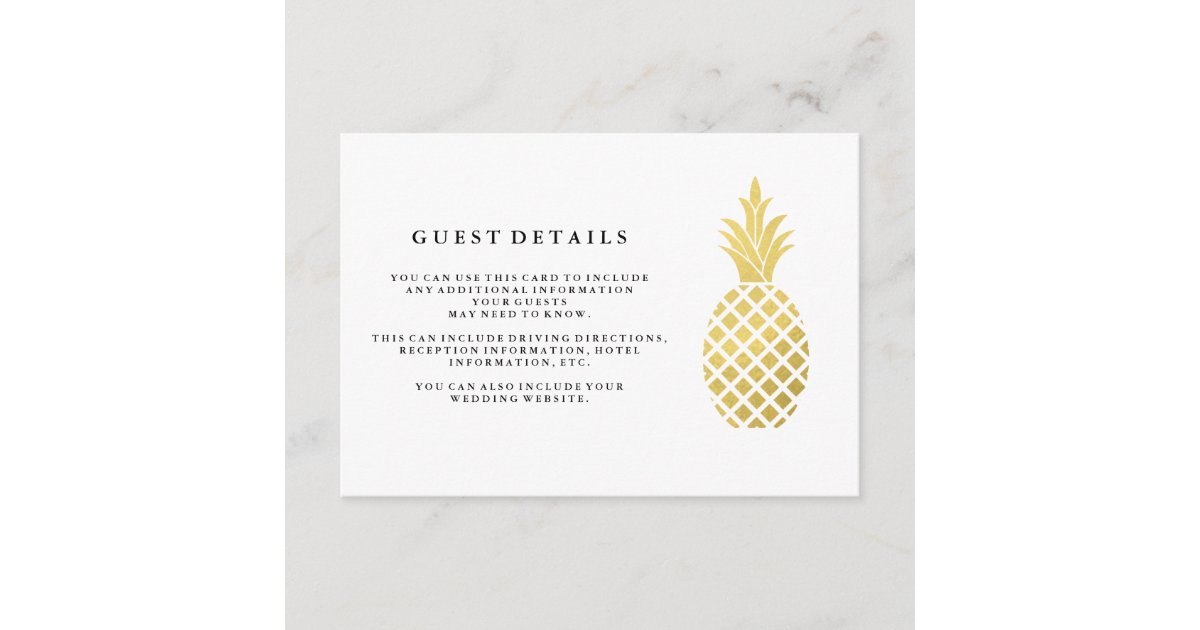 Elegant Gold Pineapple Wedding Guest Details Enclosure Card | Zazzle
