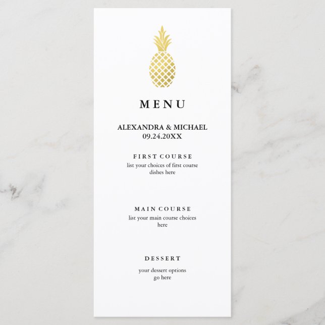 Elegant Gold Pineapple Wedding Menu (Front)