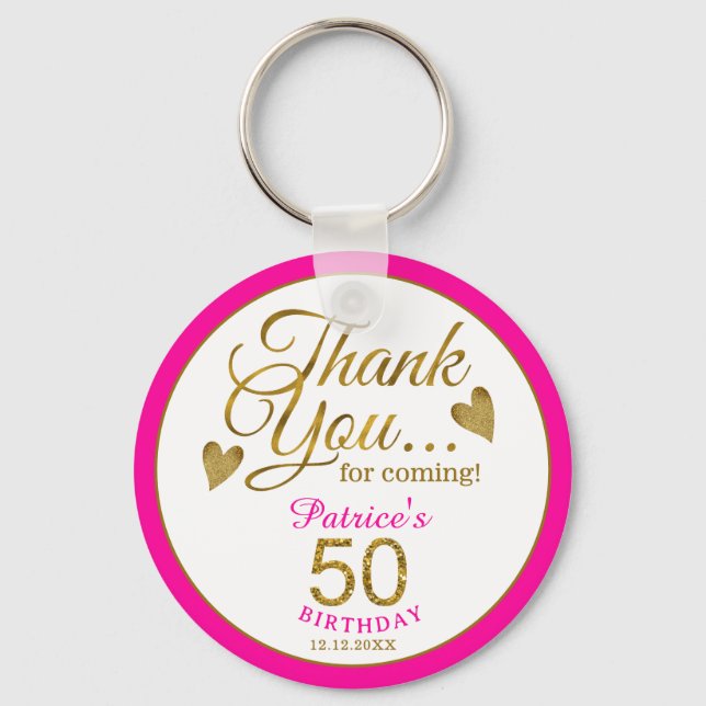 Elegant Gold Pink 50th Birthday Thank You Favor   Keychain (Front)