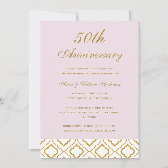 Elegant Gold & Pink 50th Wedding Anniversary Invitation (Front)