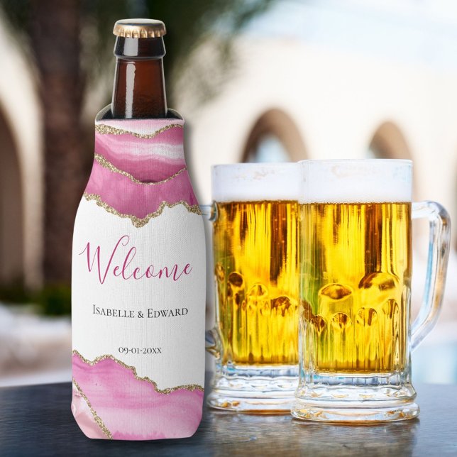 Elegant Gold Pink Agate Stone Wedding Guest Favors Bottle Cooler (Creator Uploaded)
