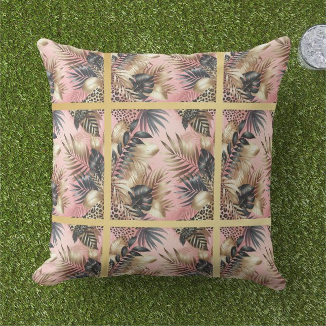 Elegant Gold, Pink and Black Jungle Leaf Pattern Outdoor Pillow (Grass)