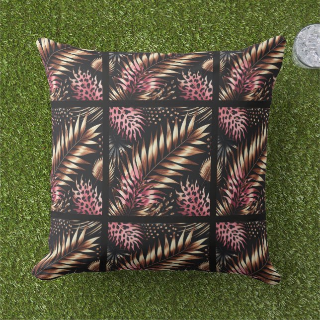 Elegant Gold, Pink and Black Jungle Leaf Pattern Outdoor Pillow (Grass)