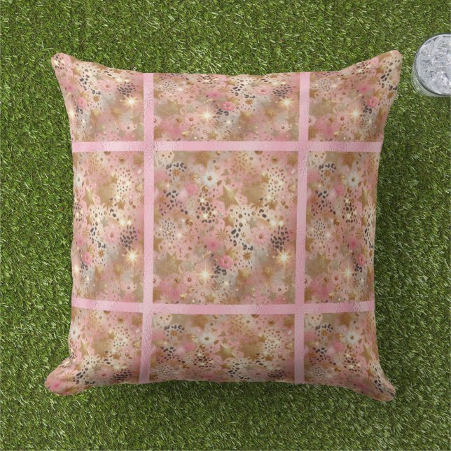 Elegant Gold, Pink and Black Jungle Leaf Pattern Outdoor Pillow (Grass)