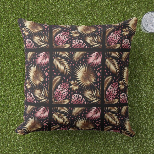 Elegant Gold, Pink and Black Jungle Leaf Pattern Outdoor Pillow (Grass)