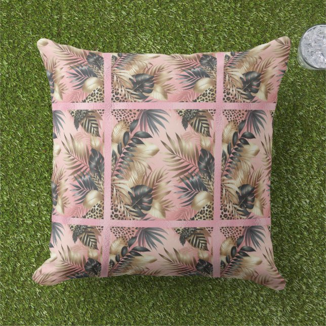 Elegant Gold, Pink and Black Jungle Leaf Pattern Outdoor Pillow (Grass)