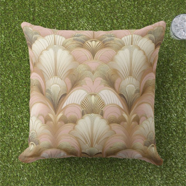 Elegant Gold, Pink and White Shell Pattern Outdoor Pillow (Grass)