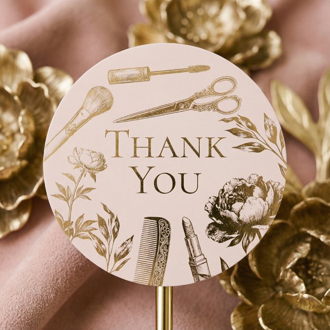 Elegant Gold Pink Beauty Business Brand Thank You  Classic Round Sticker (Elegant Gold Pink Beauty Business Brand Thank You Classic Round Sticker)