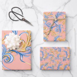 Elegant Gold Pink Blue Arabesque Swirl Pattern Wrapping Paper Sheets