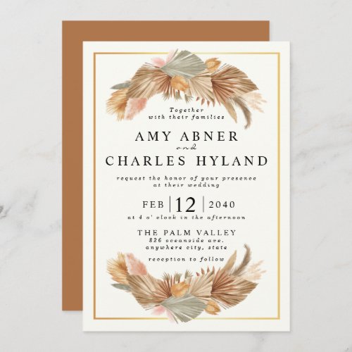 Elegant Gold Pink Boho Pampas Grass Frame Wedding  Invitation