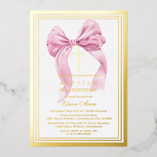 Elegant Gold Pink Bow Girl 1st Birthday Baptism Foil Invitation (Front)