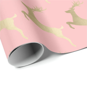Elegant Gold Pink Christmas Reindeer Pattern Wrapping Paper