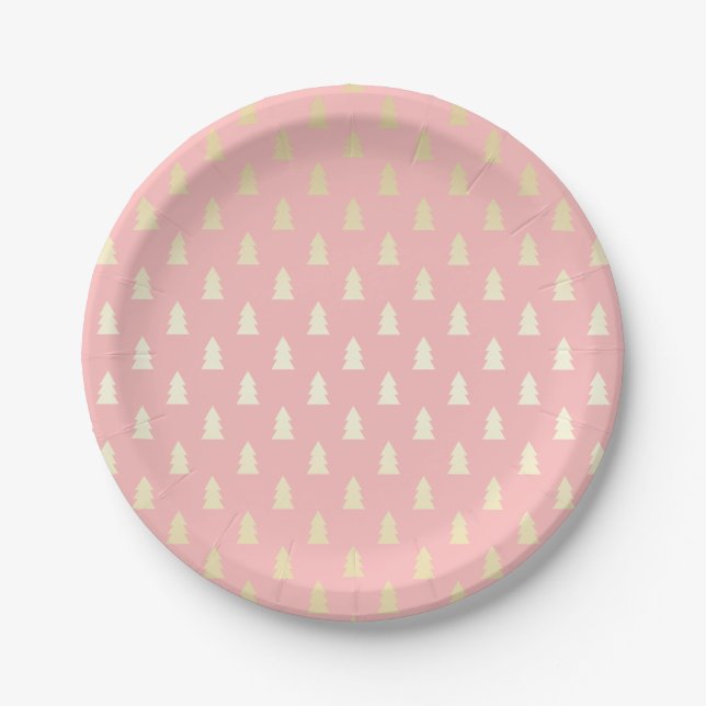 Elegant Gold & Pink Christmas Tree Pattern Paper Plates (Front)