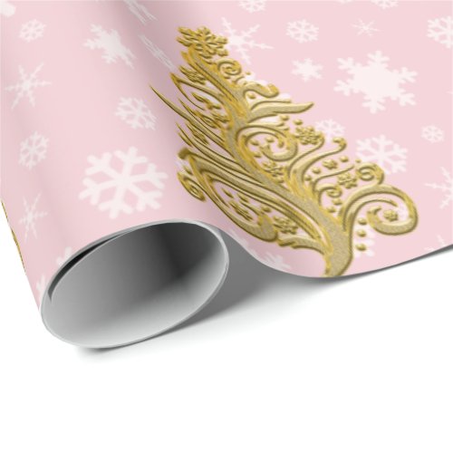 Elegant Gold  Pink Christmas Tree Pattern Wrapping Paper
