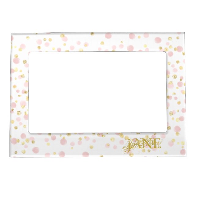 Elegant Gold Pink Confetti NAME Chic Celebration Magnetic Frame (Front)