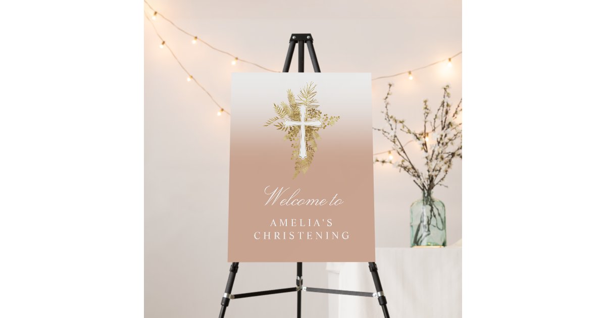 Elegant Gold Pink Cross Christening Welcome Sign | Zazzle