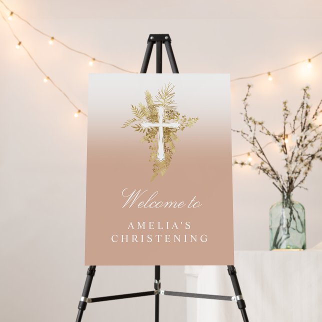 Elegant Gold Pink Cross Christening Welcome Sign (In Situ (Stand))