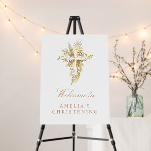 Elegant Gold Pink Cross Christening Welcome Sign