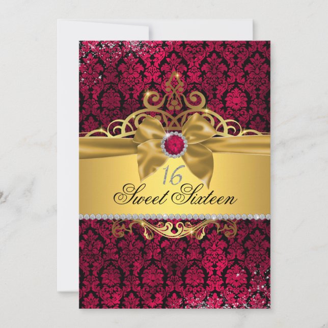 Elegant Gold Pink Damask Sweet Sixteen Invite (Front)