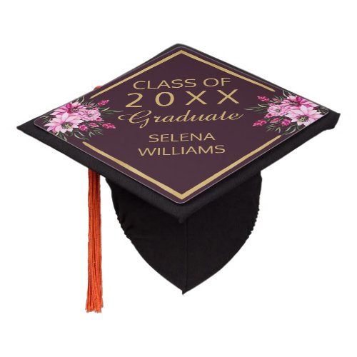 Elegant Gold Pink Floral CLASS OF 2024 Graduate Graduation Cap Topper