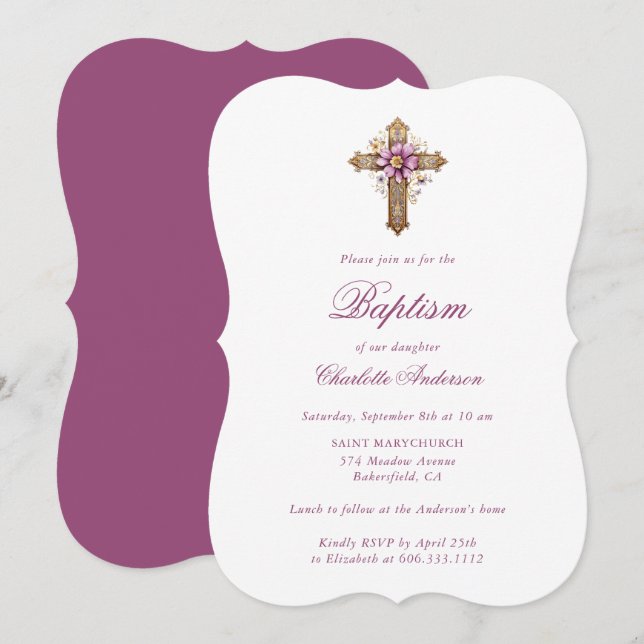 Elegant Gold Pink Floral Cross Girl Baptism Invitation (Front/Back)