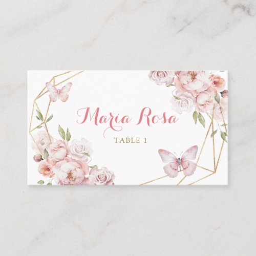 Elegant Gold Pink Floral Girl Quinceaera Place Card