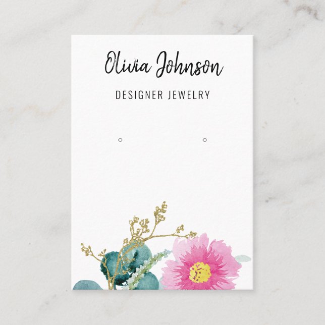 Elegant Gold Pink Floral Jewelry Earring Display  Business Card (Front)
