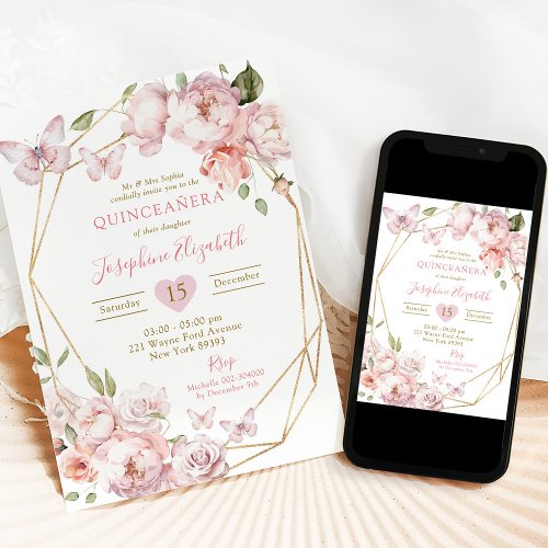 Elegant Gold Pink Floral Mis Quince Aos Birthday Invitation